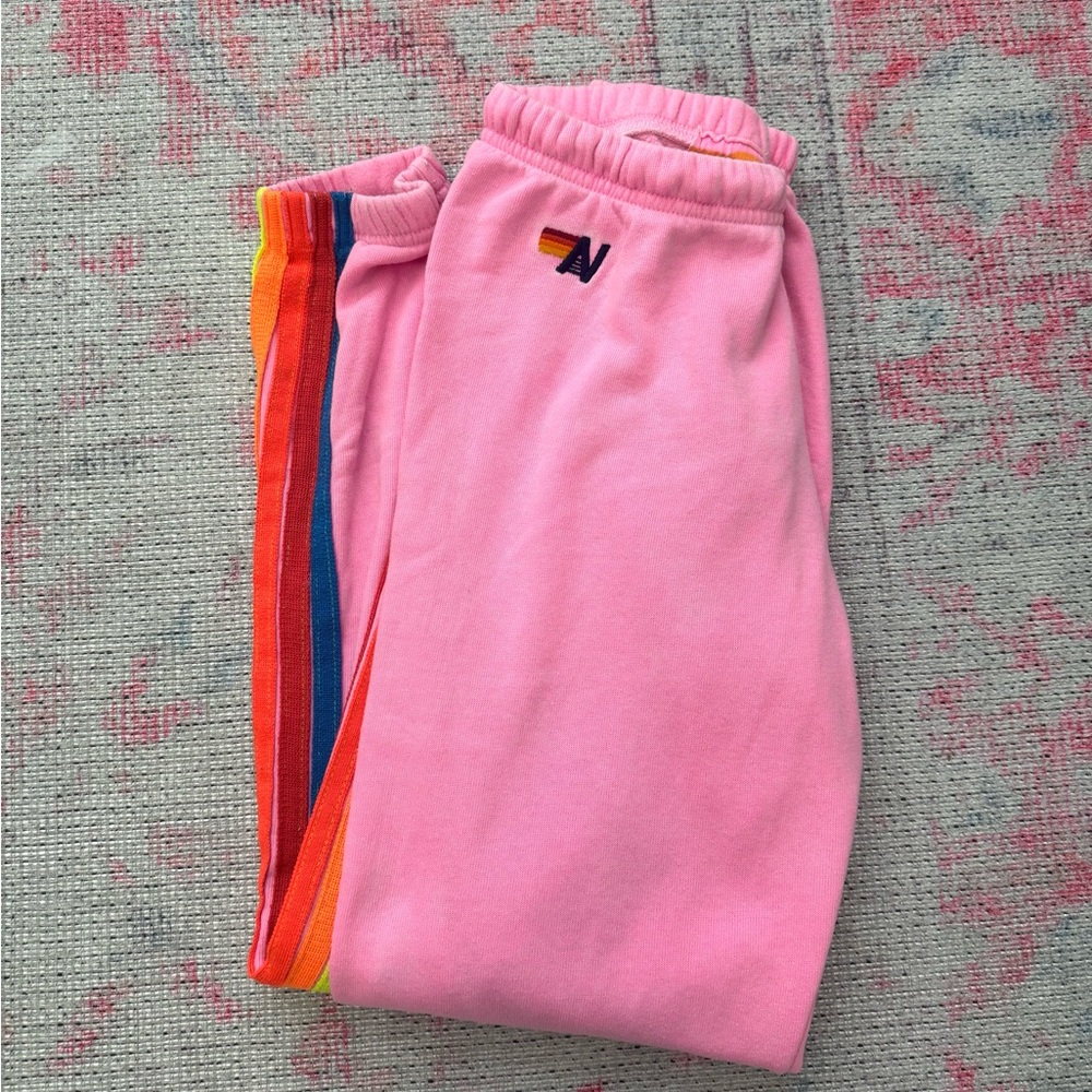 Aviator Nation Pink Neon Rainbow Striped Sweatpants